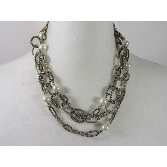 Silver Tone 3 Tier Chain Faux Pearl Bead Necklace 18" Boho Whimsigoth Retro Y2K - Picture 1 of 6